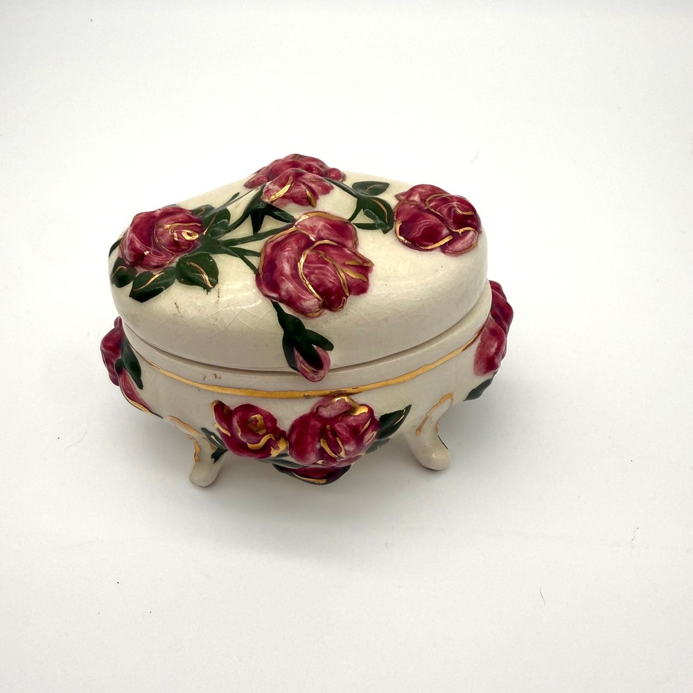 Vintage Ceramic Trinket Jewelry Box Raised Pink Roses Gold Accents Footed